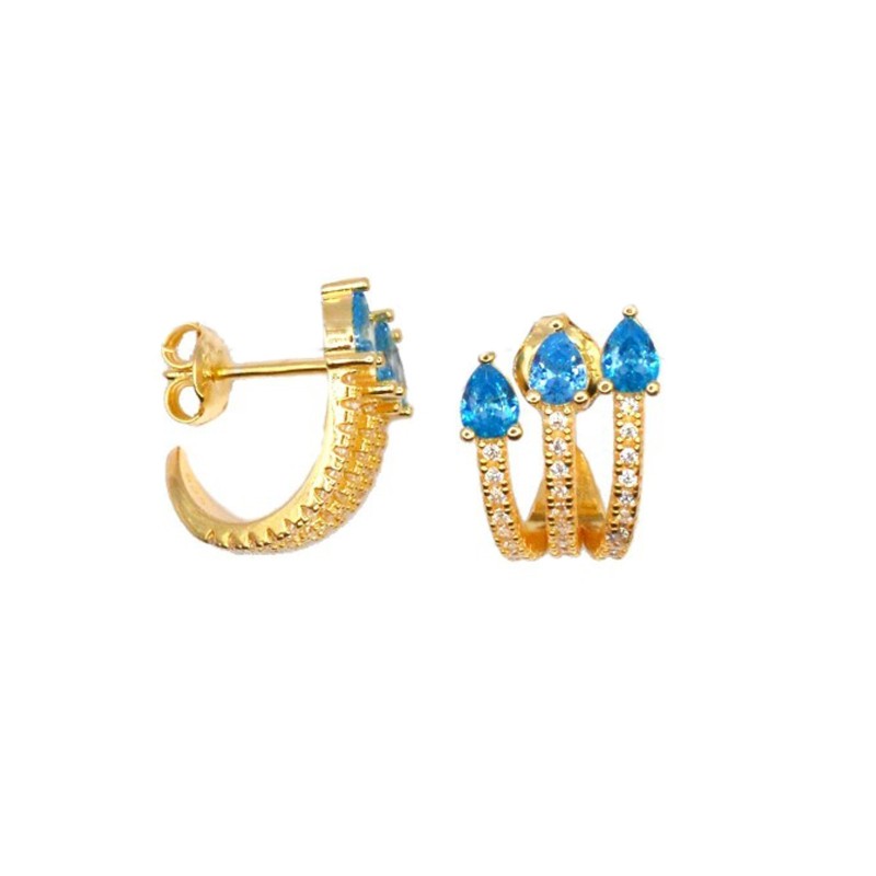 Simicircle stud earrings with three white zirconia strands with blue zircon drops and yellow gold plated snap attachment in 925 