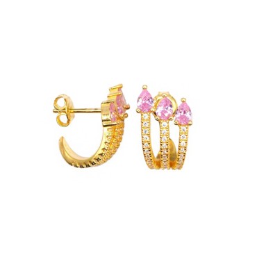 White zircon three-strand simicircle stud earrings with pink zircon drops and yellow gold-plated snap attachment in 925 silver