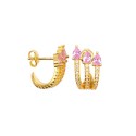 White zircon three-strand simicircle stud earrings with pink zircon drops and yellow gold-plated snap attachment in 925 silver