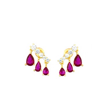Stud earrings with white zircon segment and drops of degradé red zircons pendants with pressure attachment, yellow gold plated i