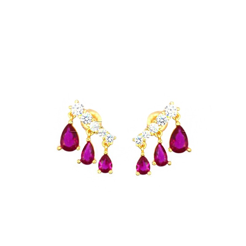 Stud earrings with white zircon segment and drops of degradé red zircons pendants with pressure attachment, yellow gold plated i