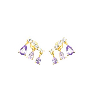 Lobe earrings with white zircon segment and drops of lilac zircon pendants degradè with pressure attachment, yellow gold plated 
