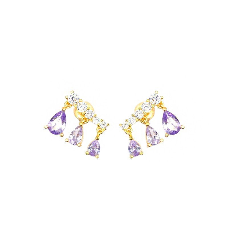 Lobe earrings with white zircon segment and drops of lilac zircon pendants degradè with pressure attachment, yellow gold plated 
