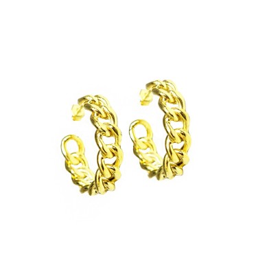 Rounded curb hoop earrings with yellow gold plated snap attachment in 925 silver