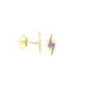 Lilac enameled lightning bolt earrings with yellow gold plated snap attachment in 925 silver