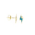 Turquoise enameled lightning bolt earrings with yellow gold plated snap attachment in 925 silver