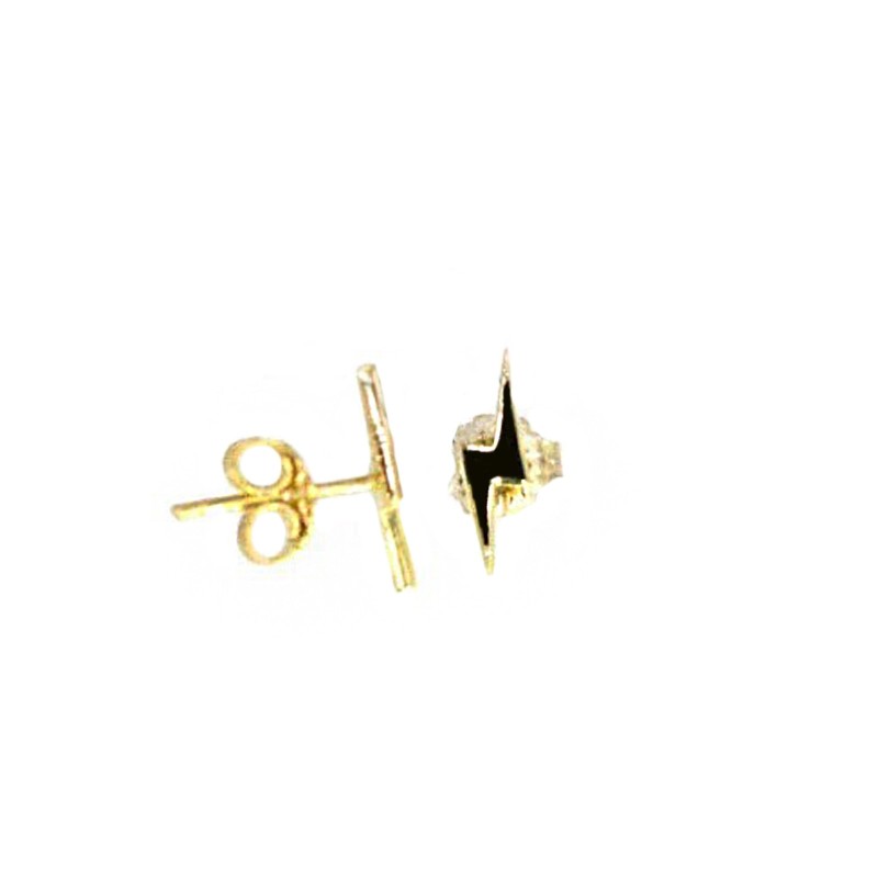 Black enameled lightning bolt earrings with yellow gold plated snap attachment in 925 silver