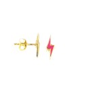 Fuchsia enameled lightning bolt earrings with yellow gold plated snap attachment in 925 silver