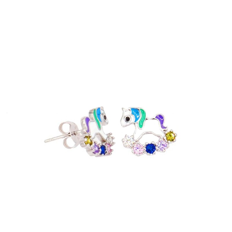 Orecchini a lobo unicorno smaltato con dondolo zirconato multicolor placcati oro bianco in argento 925