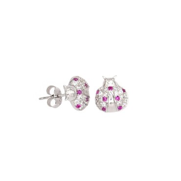 White half-circle ladybug stud earrings with red points of light and white gold plated snap attachment in 925 silver