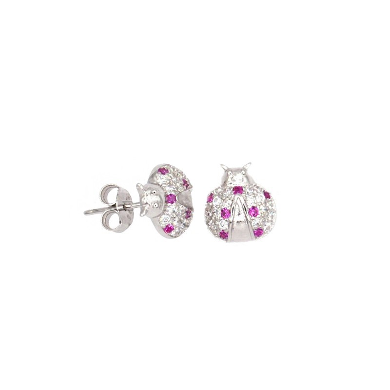White half-circle ladybug stud earrings with red points of light and white gold plated snap attachment in 925 silver