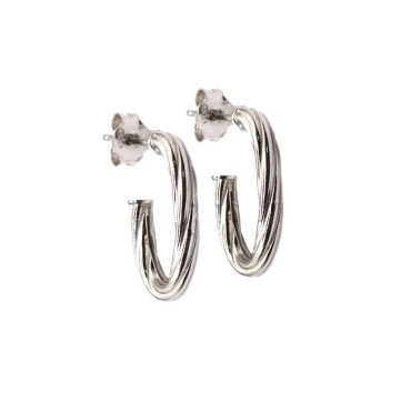 White gold plated tubular oval torchon hoop earrings with pressure attachment in 925 silver