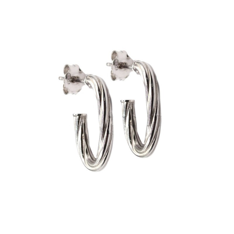 White gold plated tubular oval torchon hoop earrings with pressure attachment in 925 silver