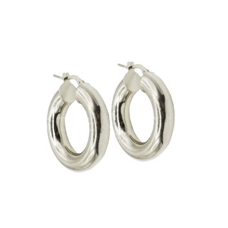 White gold plated tubular hoop earrings with bridge clasp in 925 silver