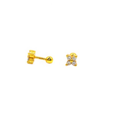 Piercing earrings with 4-petal flower with white zircons yellow gold plated in 925 silver