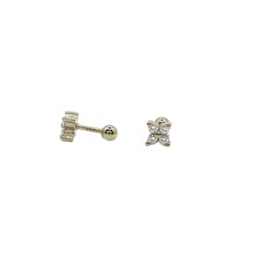 Orecchini piercing con fiore a 4 petali con zirconi bianchi placcato oro bianco in argento 925