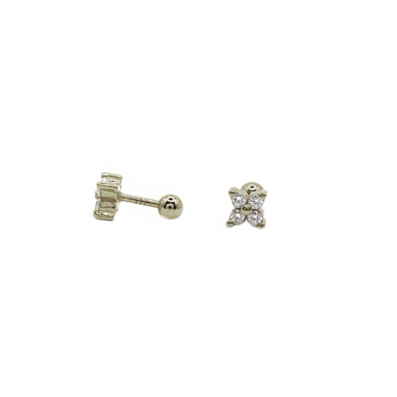 Orecchini piercing con fiore a 4 petali con zirconi bianchi placcato oro bianco in argento 925