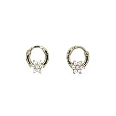 Hoop earrings with white gold plated white zircon central flower in 925 silver