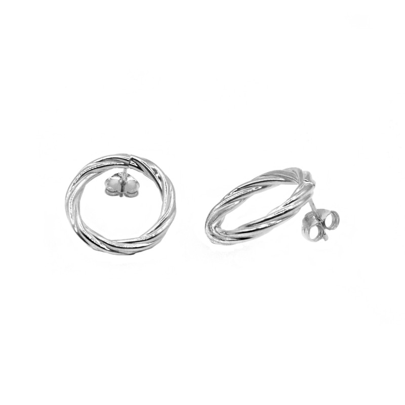 White gold plated lobe earrings with push fit and round tubular torchon shape in 925 silver