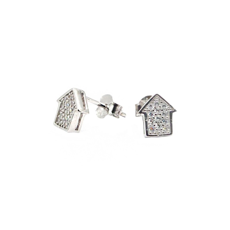White gold-plated white cubic zirconia house lobe earrings in 925 silver