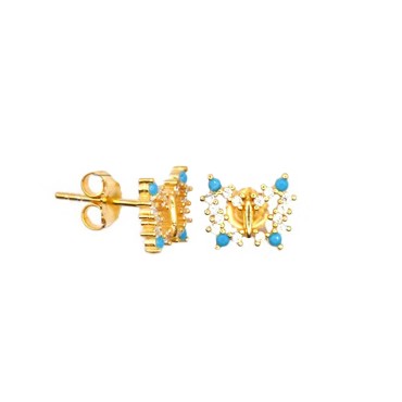 White zircon butterfly stud earrings with turquoise paste stones and yellow gold plated snap attachment in 925 silver