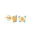 White zircon butterfly stud earrings with turquoise paste stones and yellow gold plated snap attachment in 925 silver