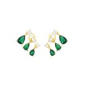 Stud earrings with white zircon segment and drops of green zircon pendants with pressure attachment, yellow gold plated in 925 s