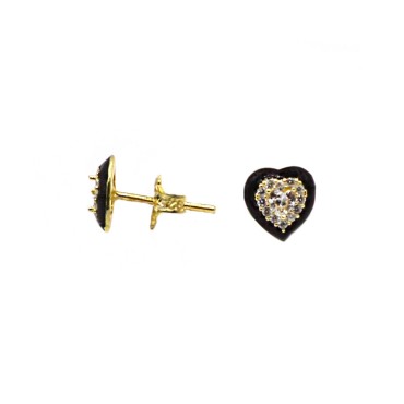 Heart stud earrings with white zircons in yellow gold plated black enamelled frames in 925 silver