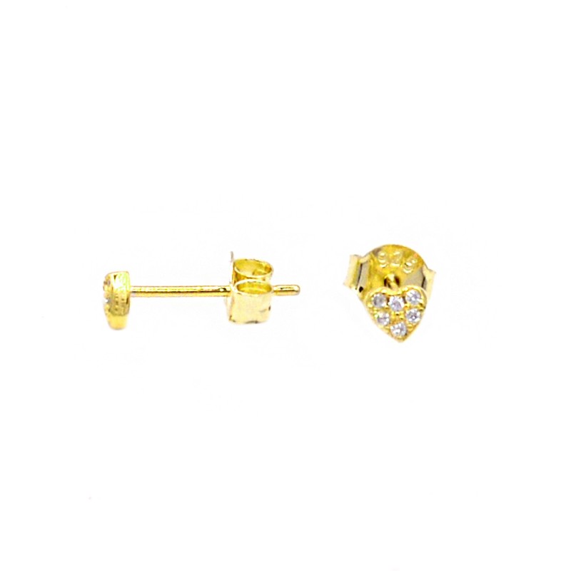 Yellow gold plated white zircon pave heart lobe earrings in 925 silver