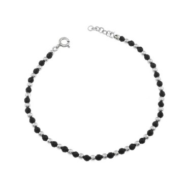 Bracelet of black faceted crystals and shiny spheres white gold plated in 925 silver
