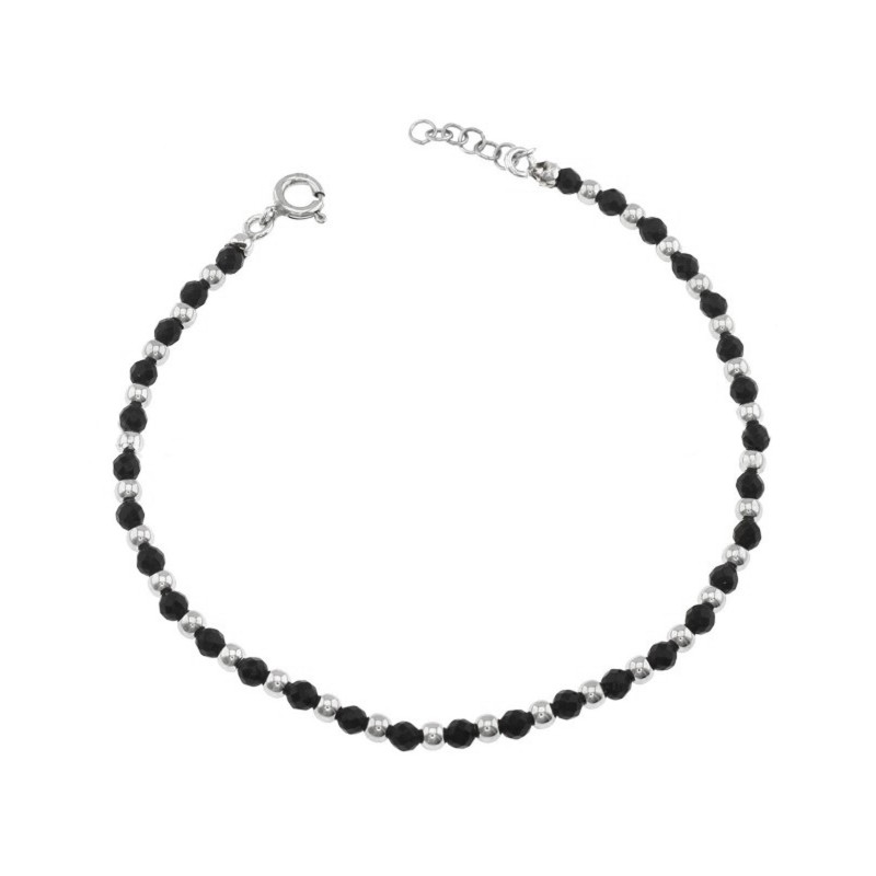 Bracelet of black faceted crystals and shiny spheres white gold plated in 925 silver