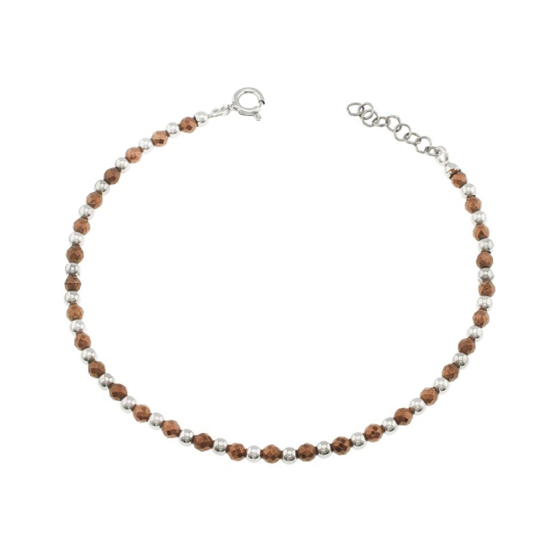 Brown faceted hematite bracelet and white gold plated shiny spheres in 925 silver