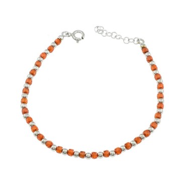 Bracelet with balls and faceted red zircons in white gold plated 925 silver