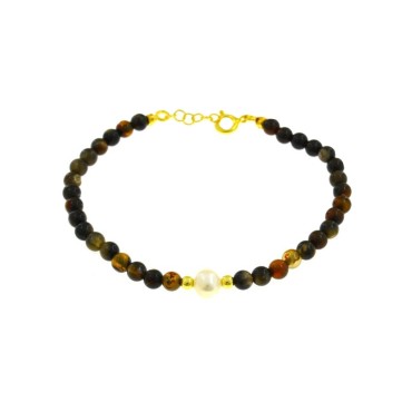 Bracciale a sfere in agata marrone con perla centrale coltivata in acqua dolce e sfere laterali in argento placcate oro giallo i