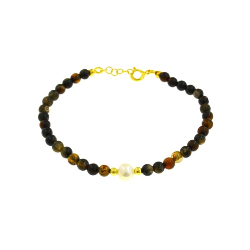 Bracciale a sfere in agata marrone con perla centrale coltivata in acqua dolce e sfere laterali in argento placcate oro giallo i