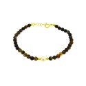 Bracciale a sfere in agata marrone con perla centrale coltivata in acqua dolce e sfere laterali in argento placcate oro giallo i