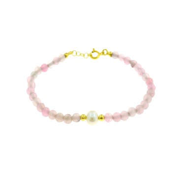 Bracciale a sfere in agata rosa con perla centrale coltivata in acqua dolce e sfere laterali in argento placcate oro giallo in a