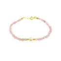 Pink agate ball bracelet with central freshwater cultured pearl and yellow gold plated silver side spheres in 925 silver