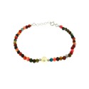 Multicolor agate ball bracelet with central freshwater cultured pearl and white gold plated side spheres in 925 silver