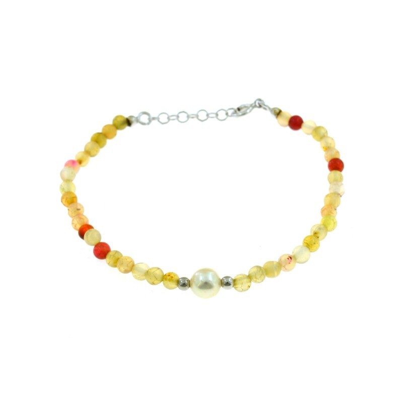 Bracciale a sfere in agata nei toni del beige con perla centrale coltivata in acqua dolce e sfere laterali placcate oro bianco i
