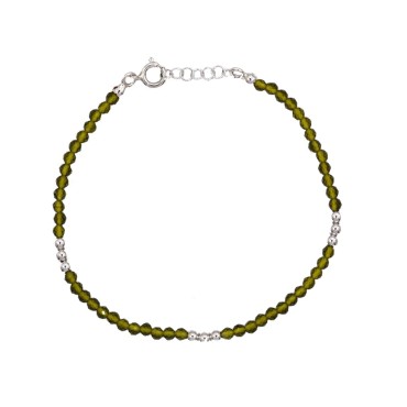 Bracelet of olive green crystals and white gold plated silver spheres in 925 silver