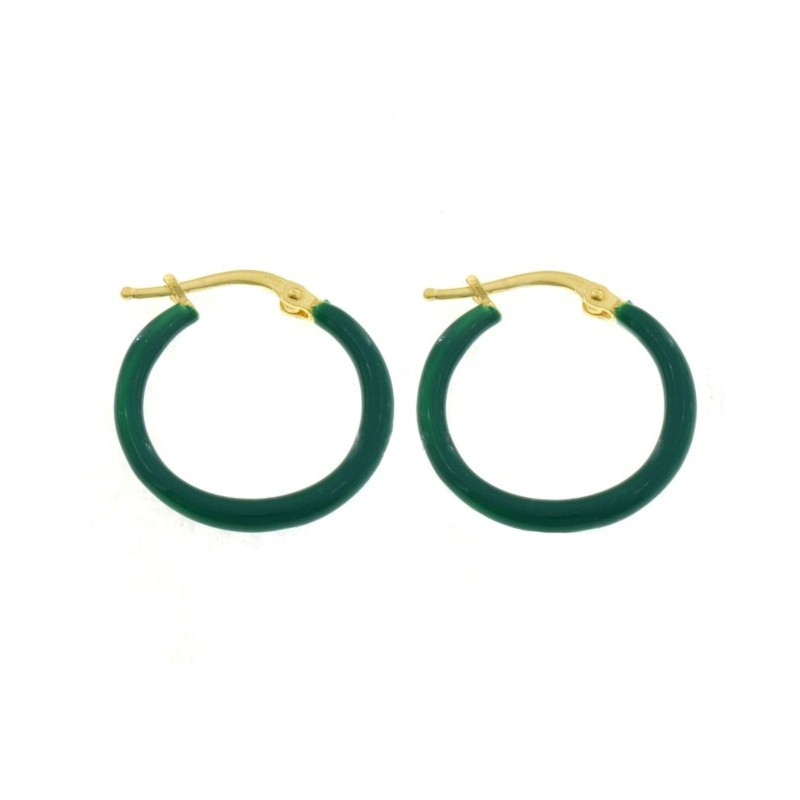 Orecchini a cerchio con chiusura a scattino smaltato verde bottiglia placcati oro giallo in argento 925