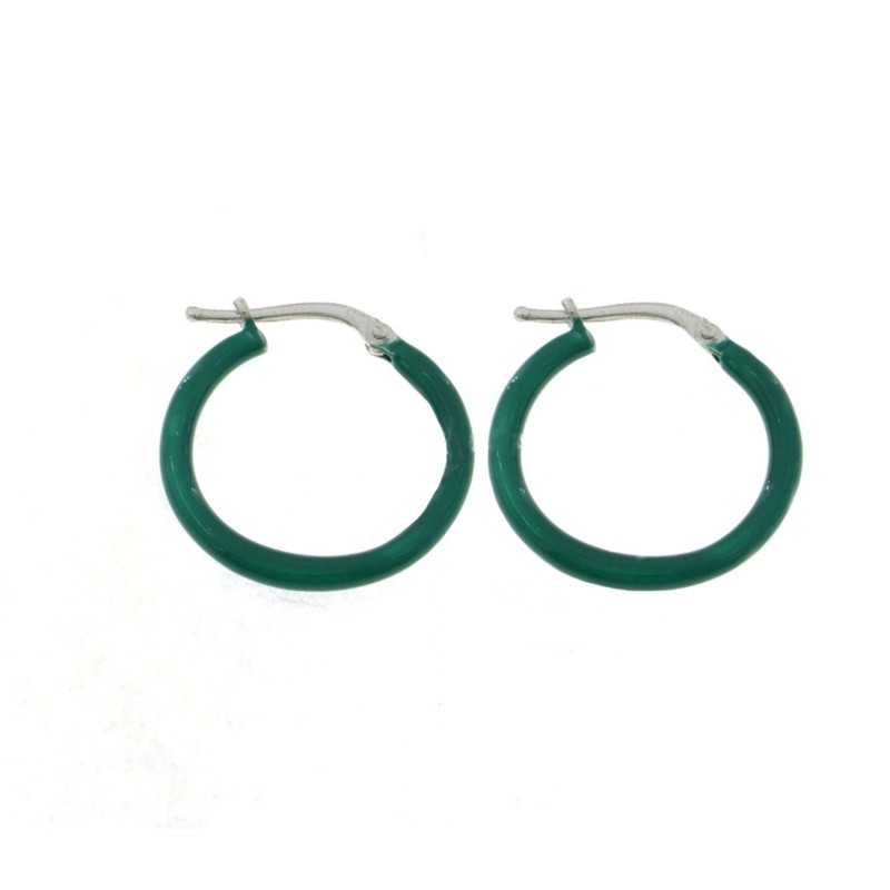 White gold-plated, bottle-green enamel snap-on hoop earrings in 925 silver