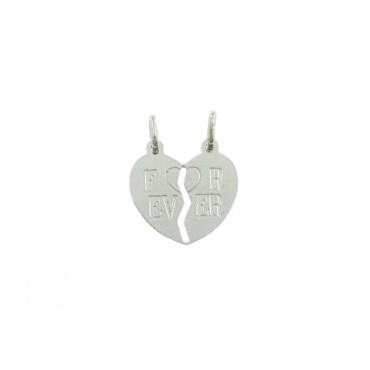 Divisible plate heart pendant with engraved "FOR EVER" writing in white gold plated 925 silver