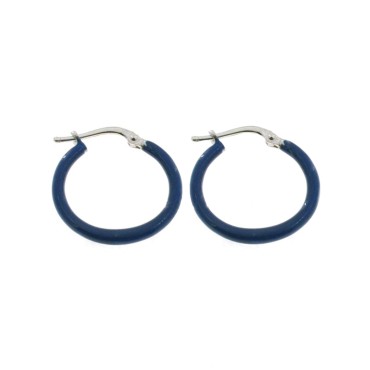 White gold plated hoop earrings with blue enameled snap closure in 925 silver