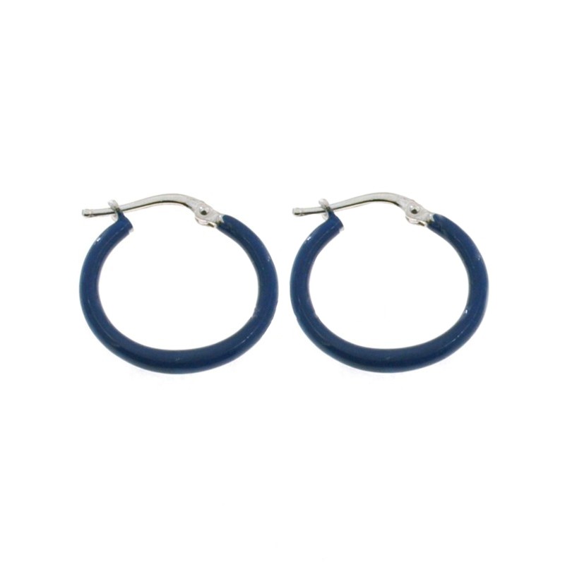 White gold plated hoop earrings with blue enameled snap closure in 925 silver
