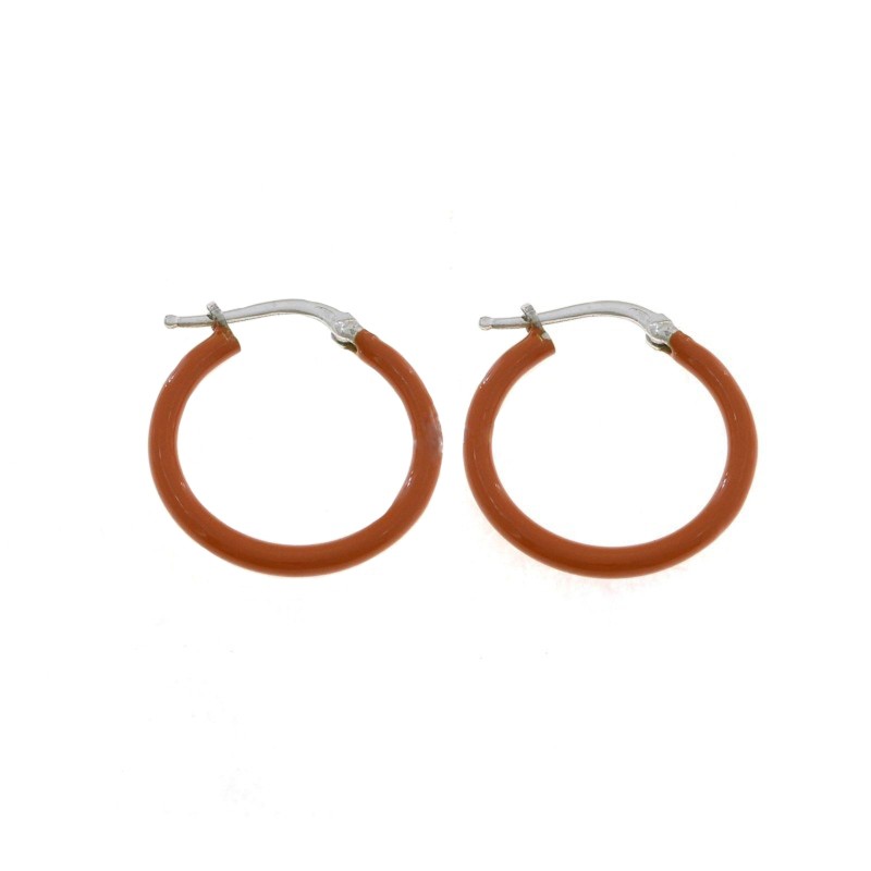 White gold plated hoop earrings with orange enamel snap closure in 925 silver