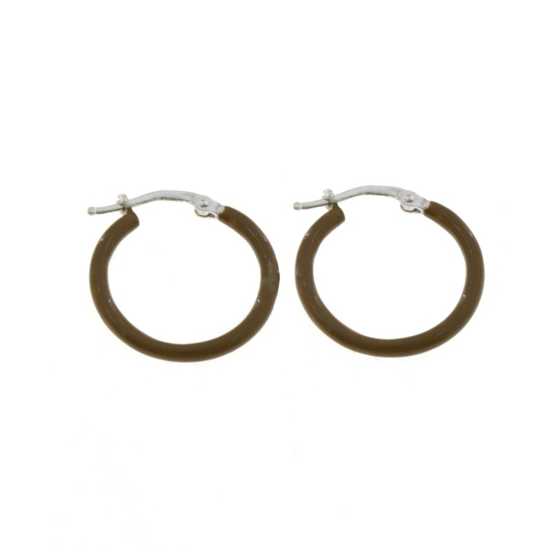Orecchini a cerchio con chiusura a scattino smaltato marrone placcati oro bianco in argento 925