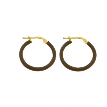 Hoop earrings with brown enamel snap closure in yellow gold plated 925 silver
