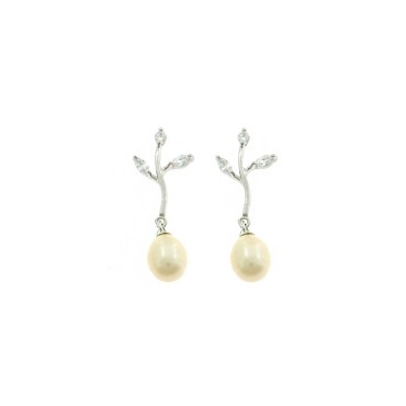 Pendant earrings with branch attachment with leaves of white zircons and oval pearl, white gold plated in 925 silver